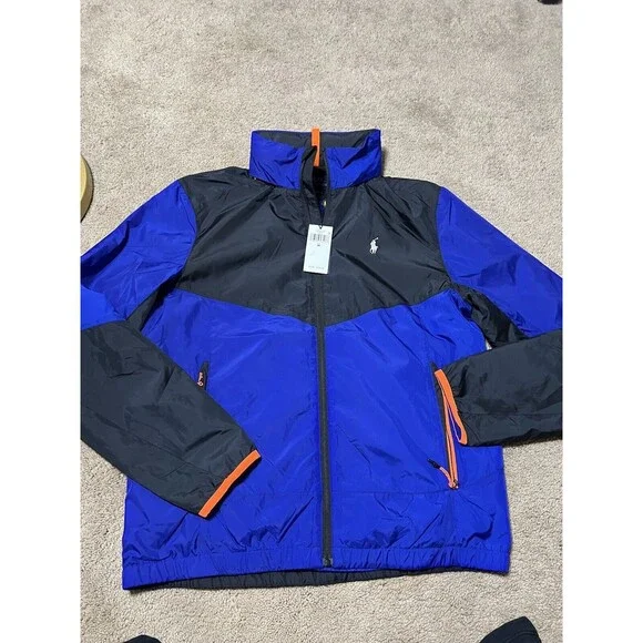 POLO RALPH LAUREN Men's Windbreaker Hoodie Jacket Size M Blue&black NWT